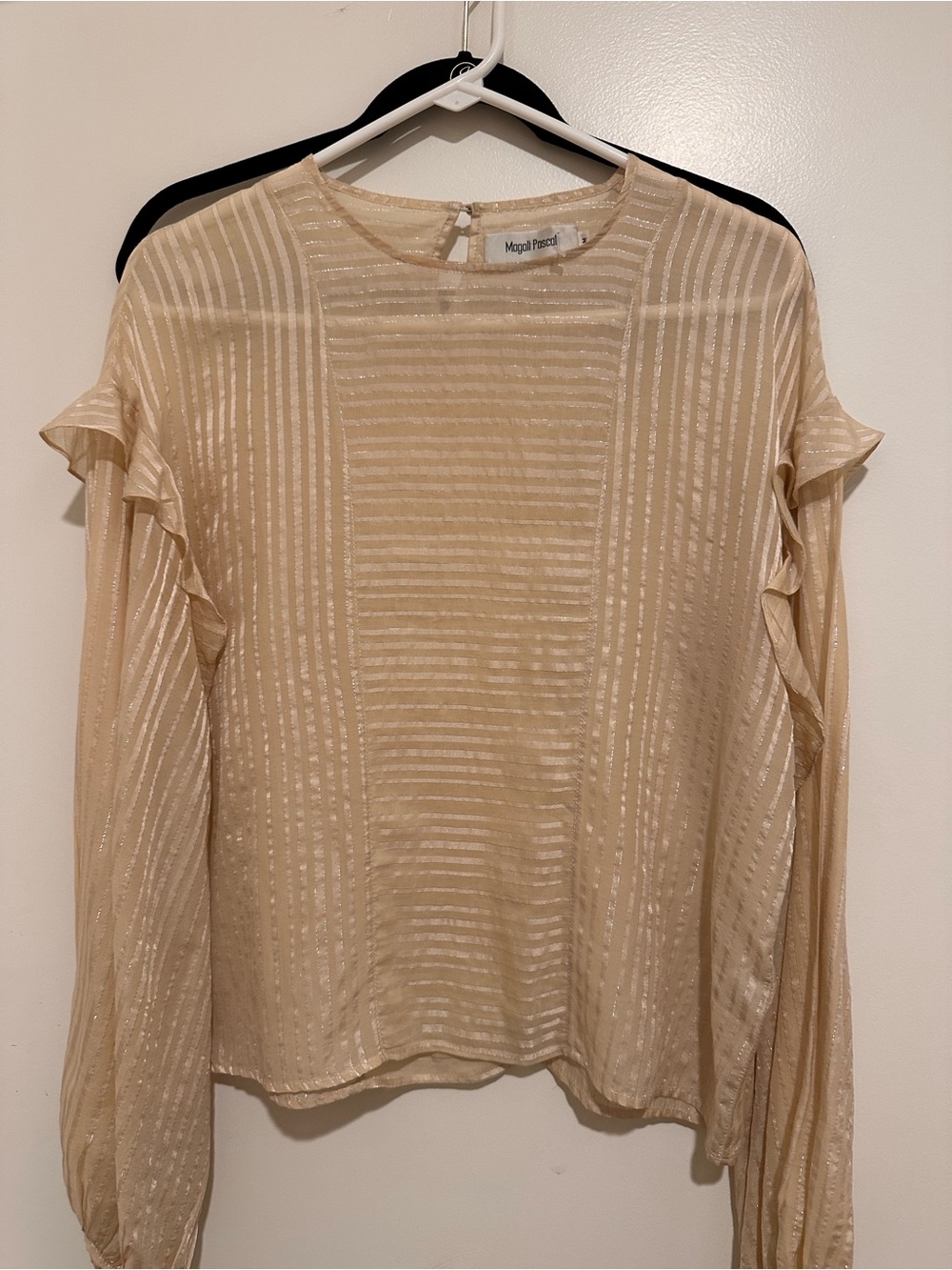 Magali Pascal Cream Ruffle-Trim metallic lurex long Sleeve Blouse